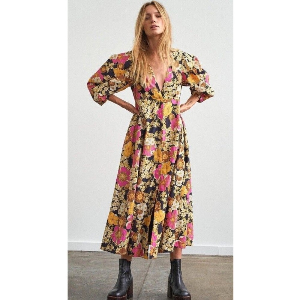 Free People Anthropologie Lydia Black Floral Printed Midi Dress Size M